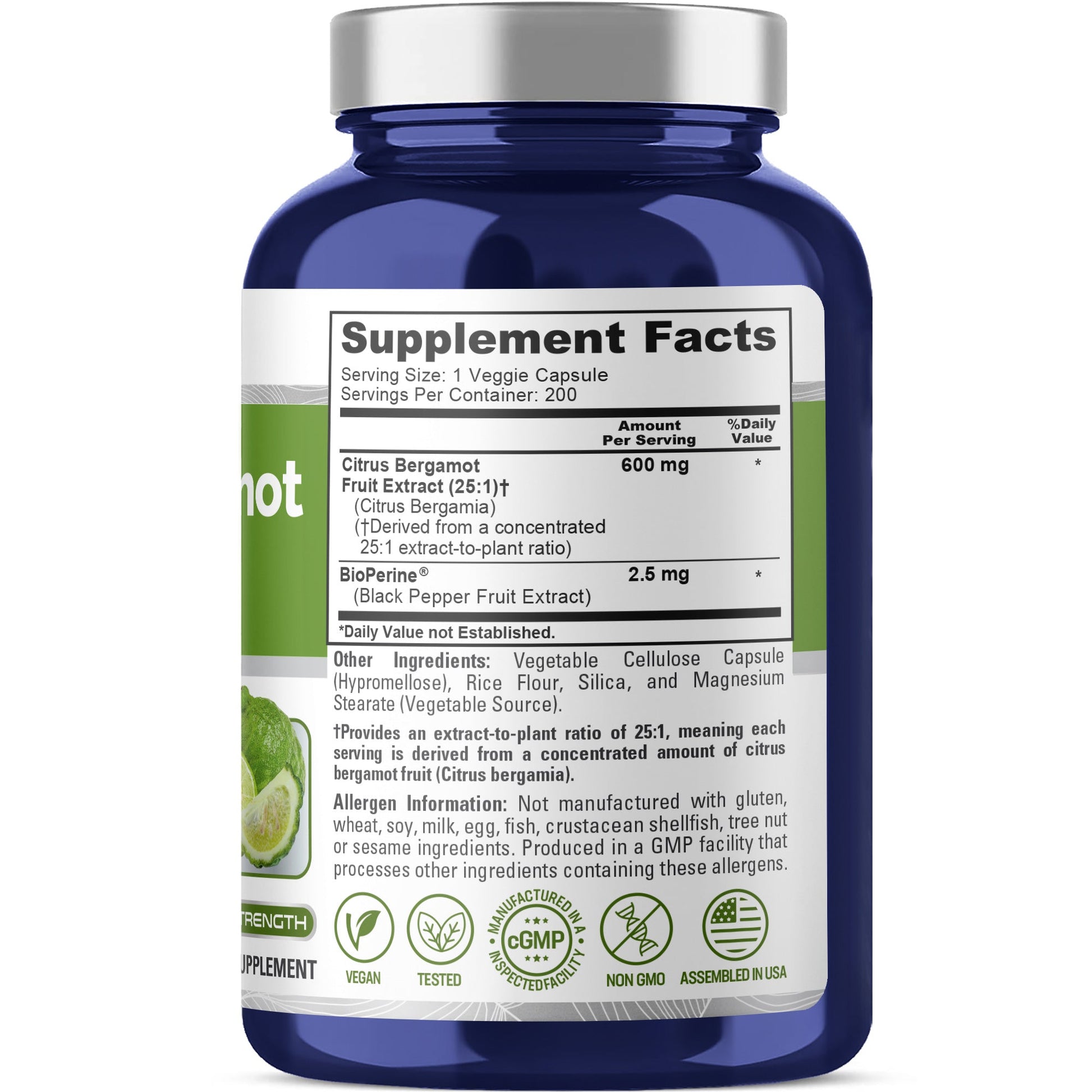 NusaPure Citrus Bergamot Capsules 600mg, 200 Capsules - 25:1 Bergamot Extract - 200 Servings, Bioperine, Vegan, Non-GMO NusaPure