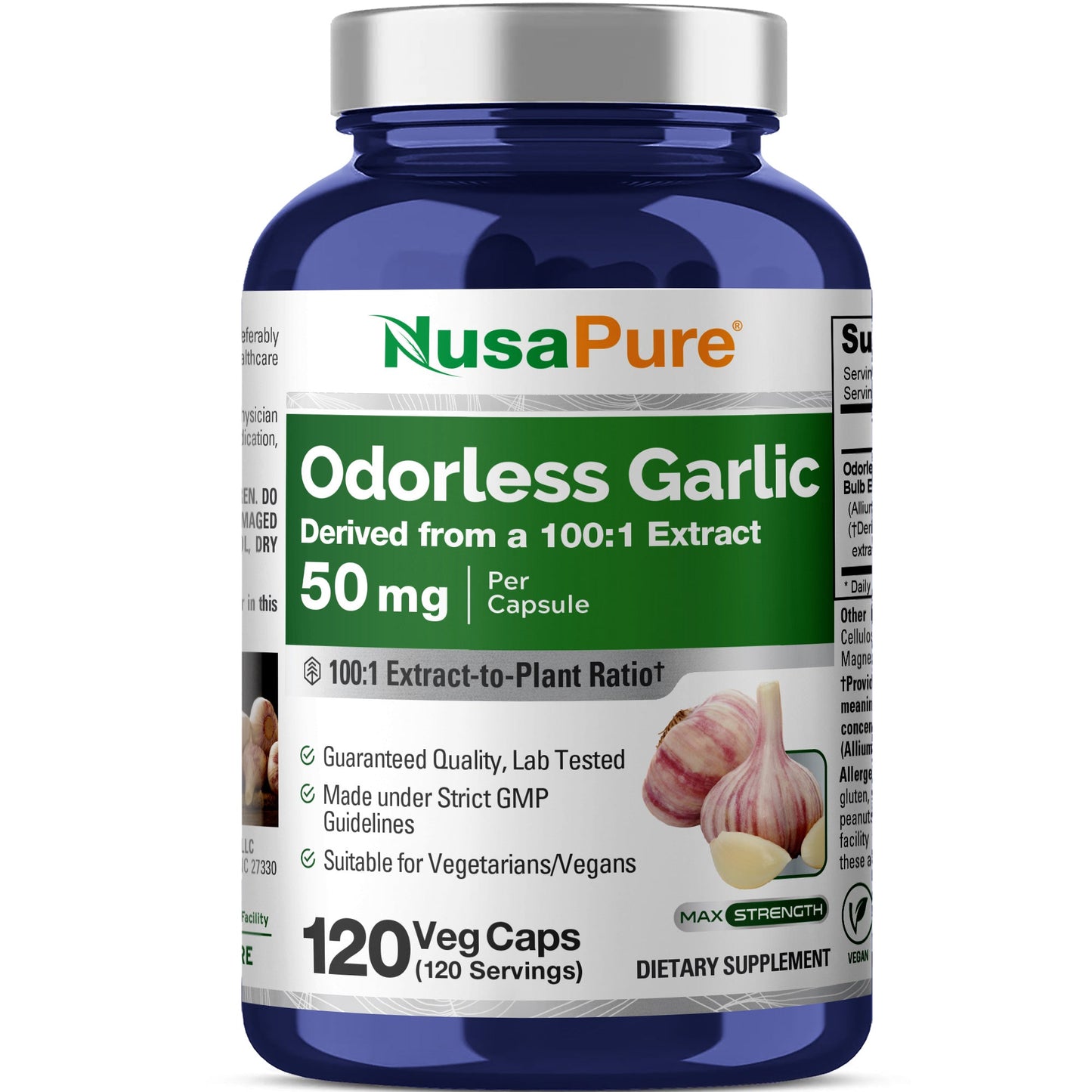 NusaPure Odorless Garlic 100:1 Extract, 50 mg Capsule | 120 Veggie Caps | High Potency | Herbal Supplement | Non-GMO NusaPure