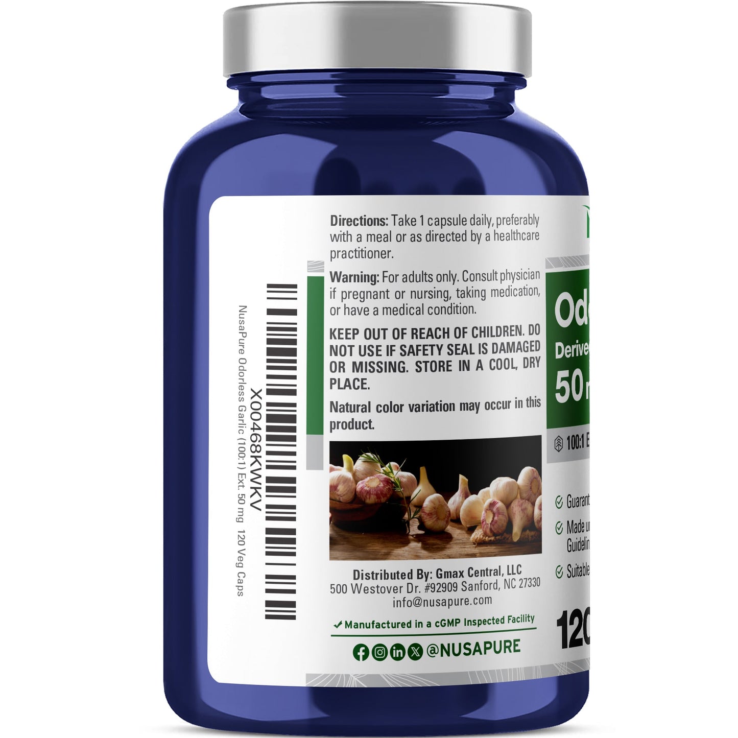 NusaPure Odorless Garlic 100:1 Extract, 50 mg Capsule | 120 Veggie Caps | High Potency | Herbal Supplement | Non-GMO NusaPure