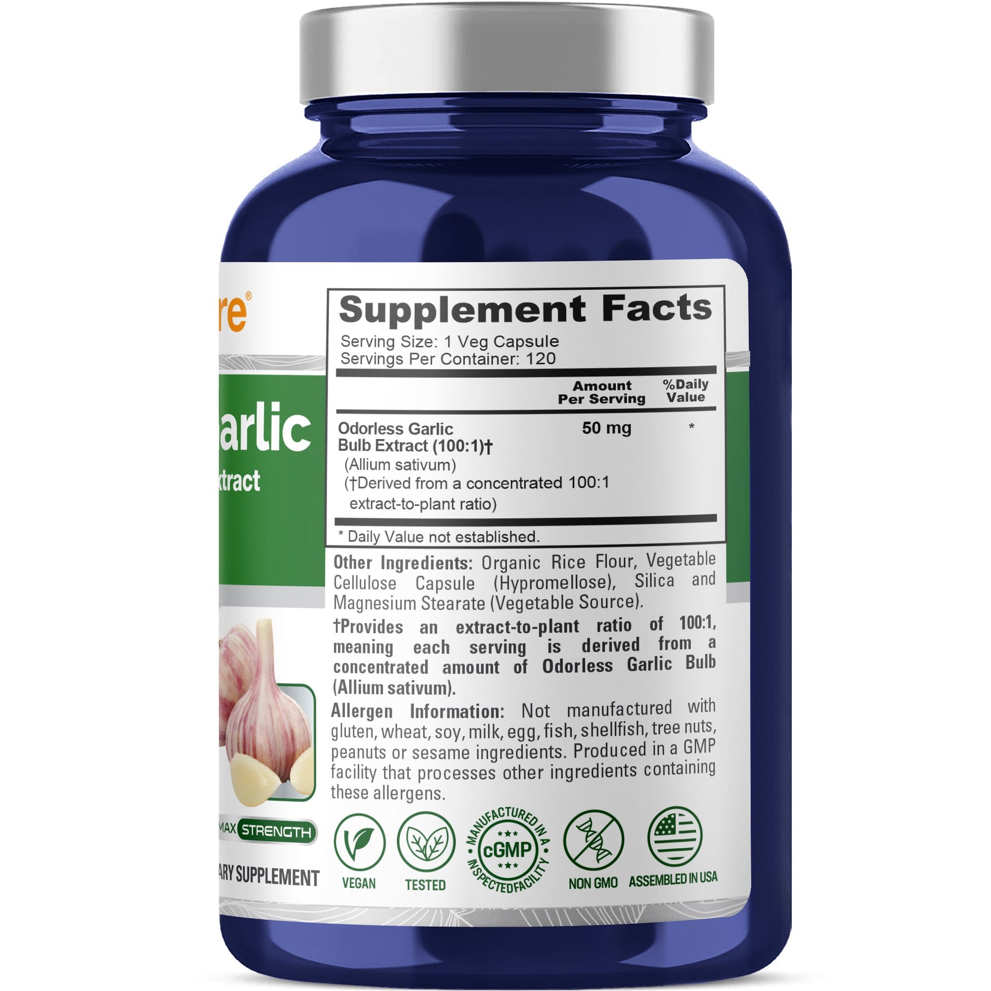 NusaPure Odorless Garlic 100:1 Extract, 50 mg Capsule | 120 Veggie Caps | High Potency | Herbal Supplement | Non-GMO NusaPure