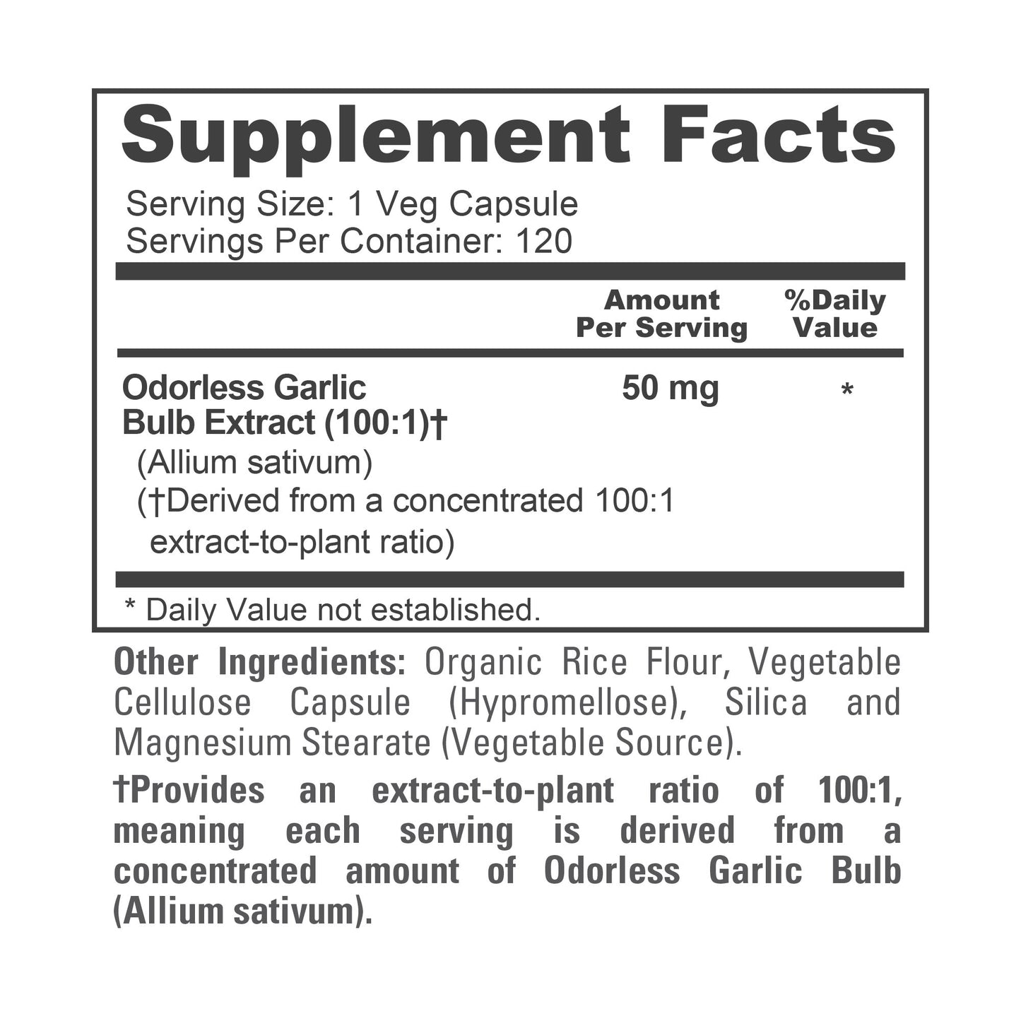 NusaPure Odorless Garlic 100:1 Extract, 50 mg Capsule | 120 Veggie Caps | High Potency | Herbal Supplement | Non-GMO NusaPure