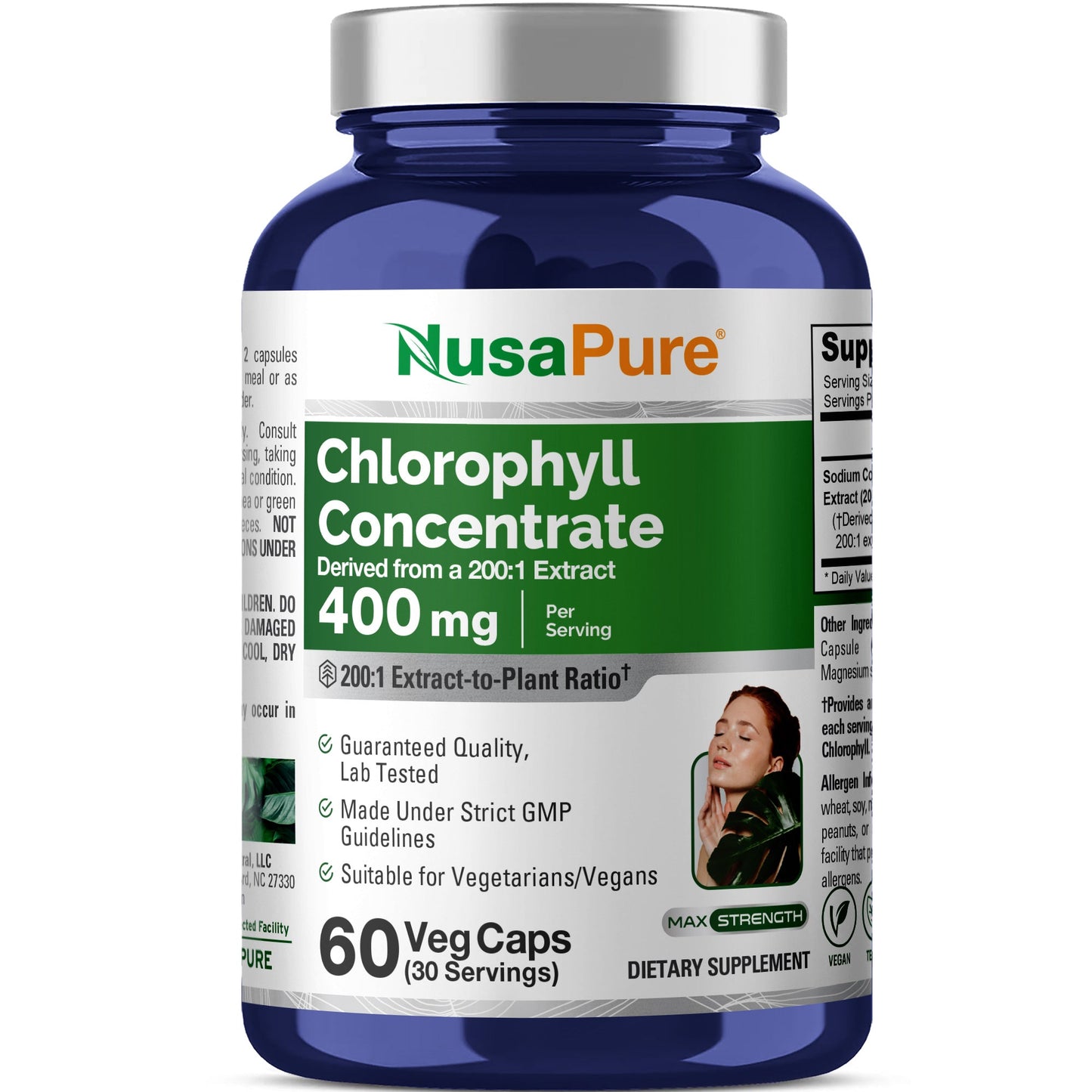 NusaPure Chlorophyll 200:1 Extract, 400 mg 60 Veggie Caps, Non-GMO, Vegan, Sodium Copper Chlorophyllin NusaPure
