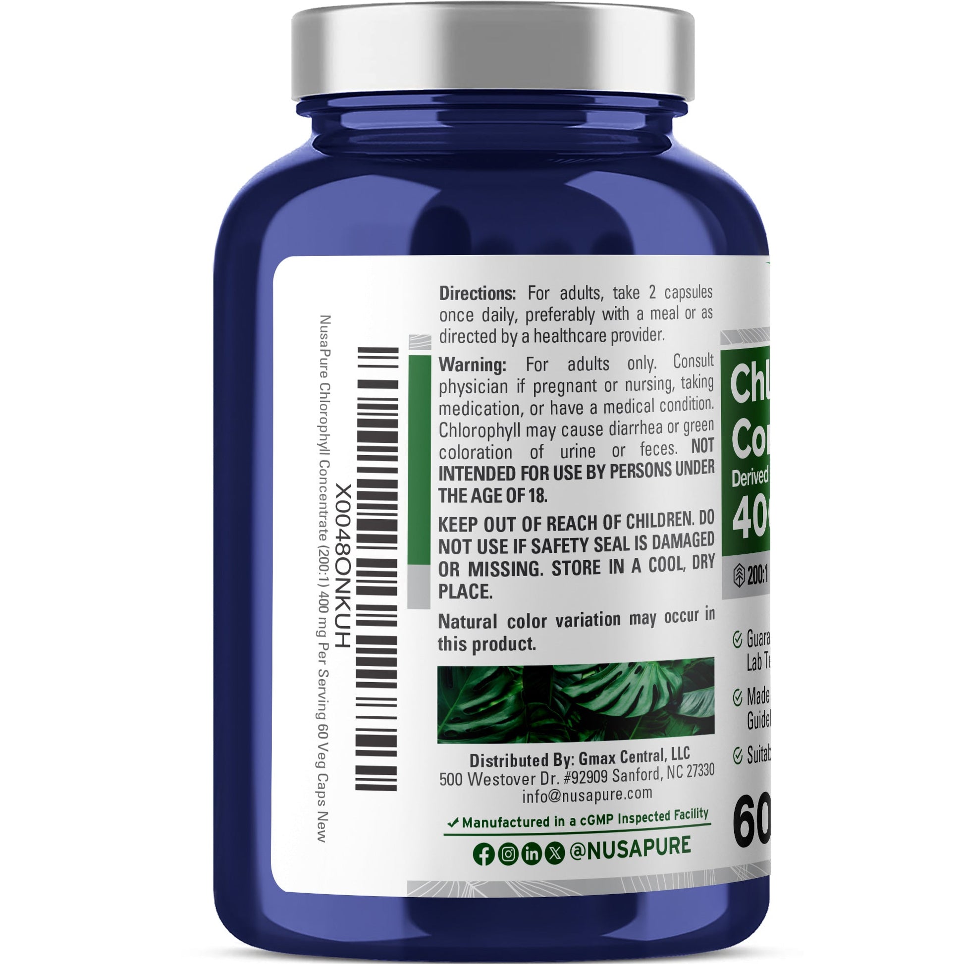 NusaPure Chlorophyll 200:1 Extract, 400 mg 60 Veggie Caps, Non-GMO, Vegan, Sodium Copper Chlorophyllin NusaPure