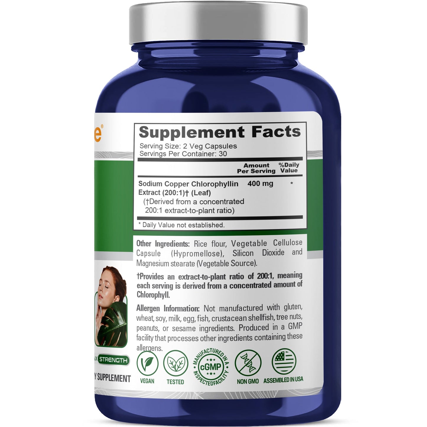 NusaPure Chlorophyll 200:1 Extract, 400 mg 60 Veggie Caps, Non-GMO, Vegan, Sodium Copper Chlorophyllin NusaPure