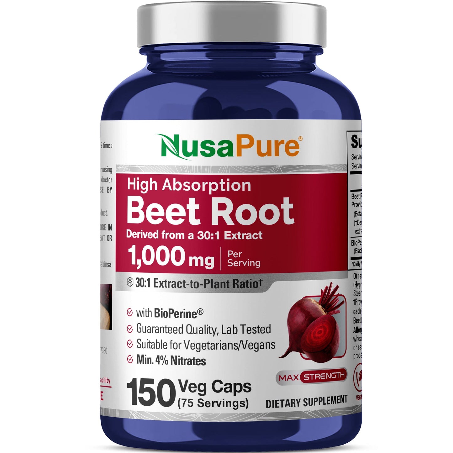 NusaPure Beet Root 30:1 Extract, 1000mg 150 Veggie caps (Vegan, Non-GMO & Vegan 4% Nitrates) Bioperine NusaPure