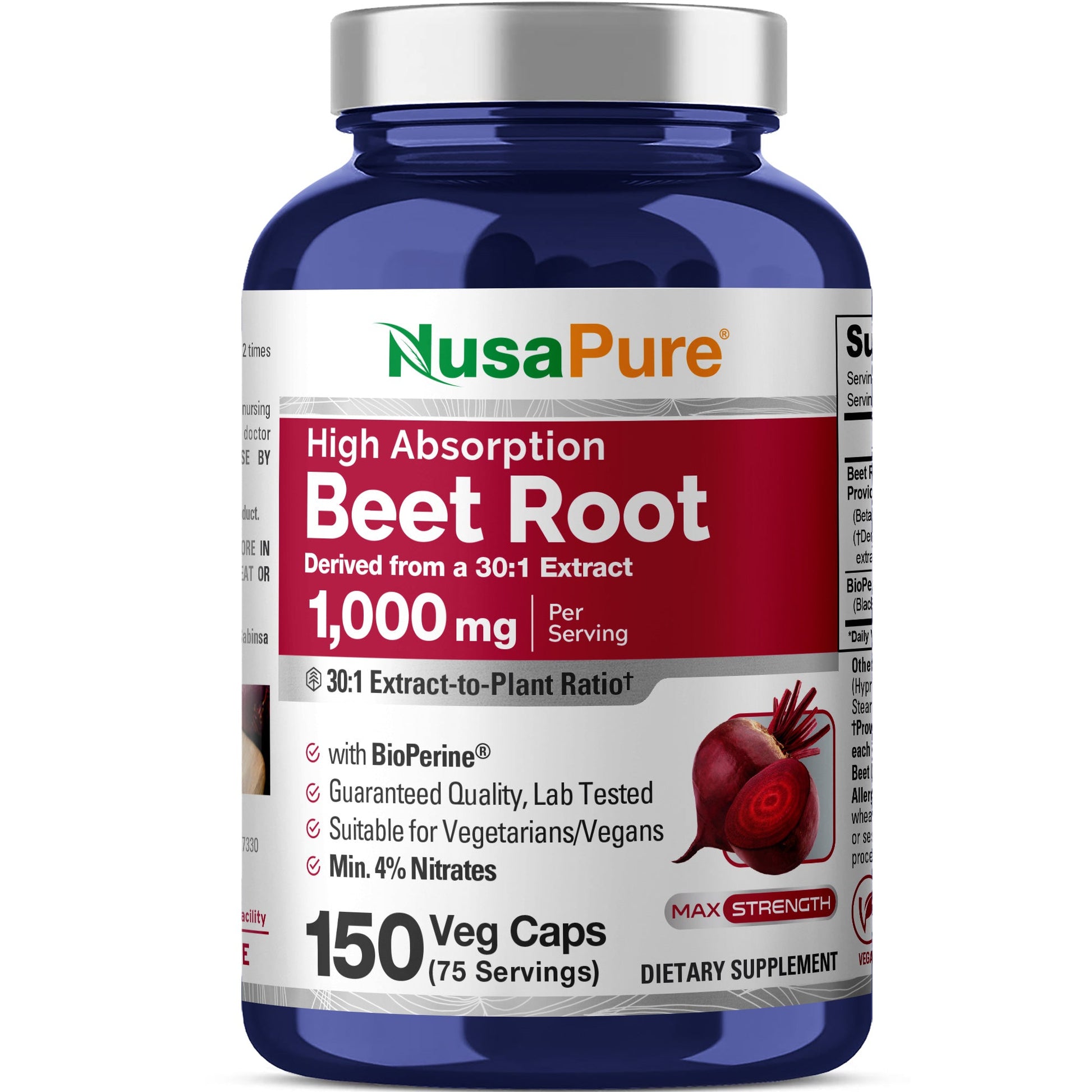 NusaPure Beet Root 30:1 Extract, 1000mg 150 Veggie caps (Vegan, Non-GMO & Vegan 4% Nitrates) Bioperine NusaPure