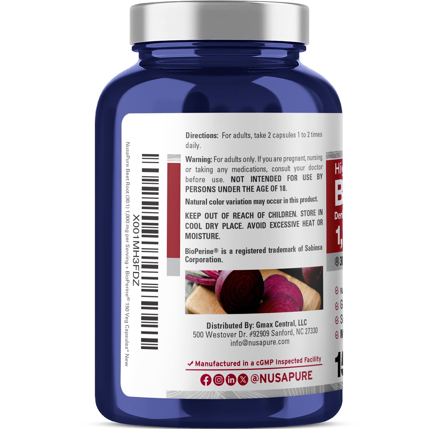NusaPure Beet Root 30:1 Extract, 1000mg 150 Veggie caps (Vegan, Non-GMO & Vegan 4% Nitrates) Bioperine NusaPure