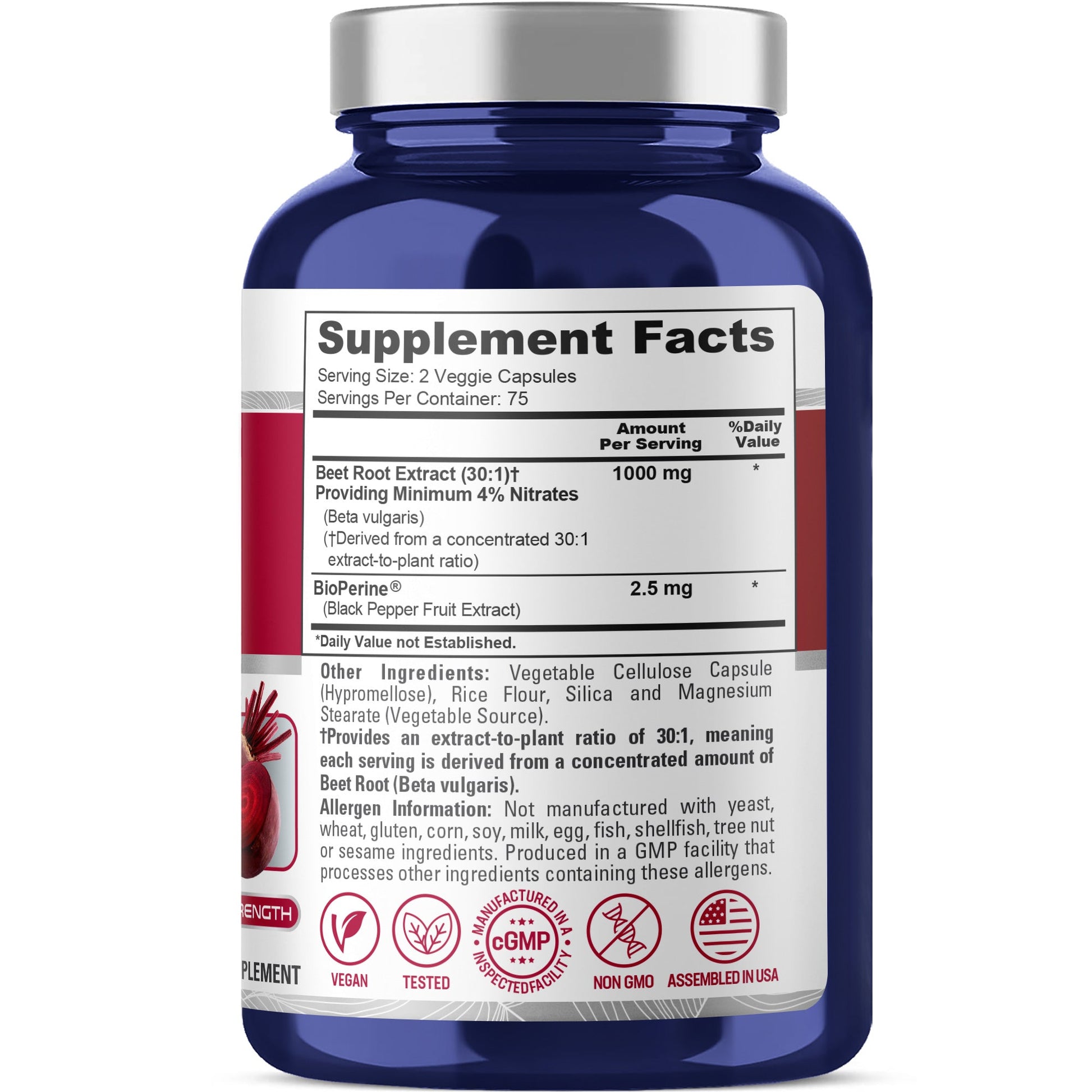 NusaPure Beet Root 30:1 Extract, 1000mg 150 Veggie caps (Vegan, Non-GMO & Vegan 4% Nitrates) Bioperine NusaPure