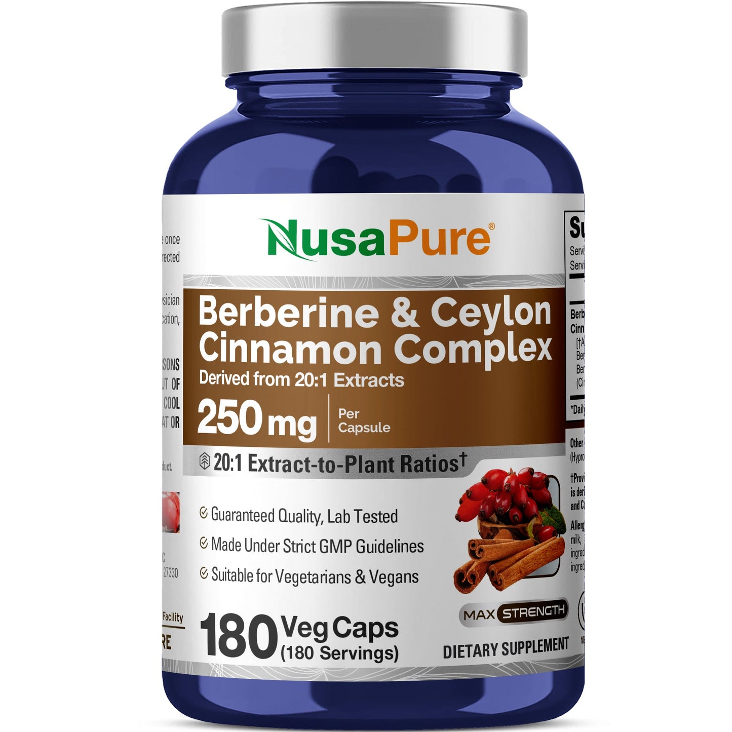 NusaPure Berberine with Ceylon Cinnamon 20:1 Extract, 250 mg 180 Veggie Capsules, Vegetarian, Non-GMO Supplement, (Berberine Complex) NusaPure