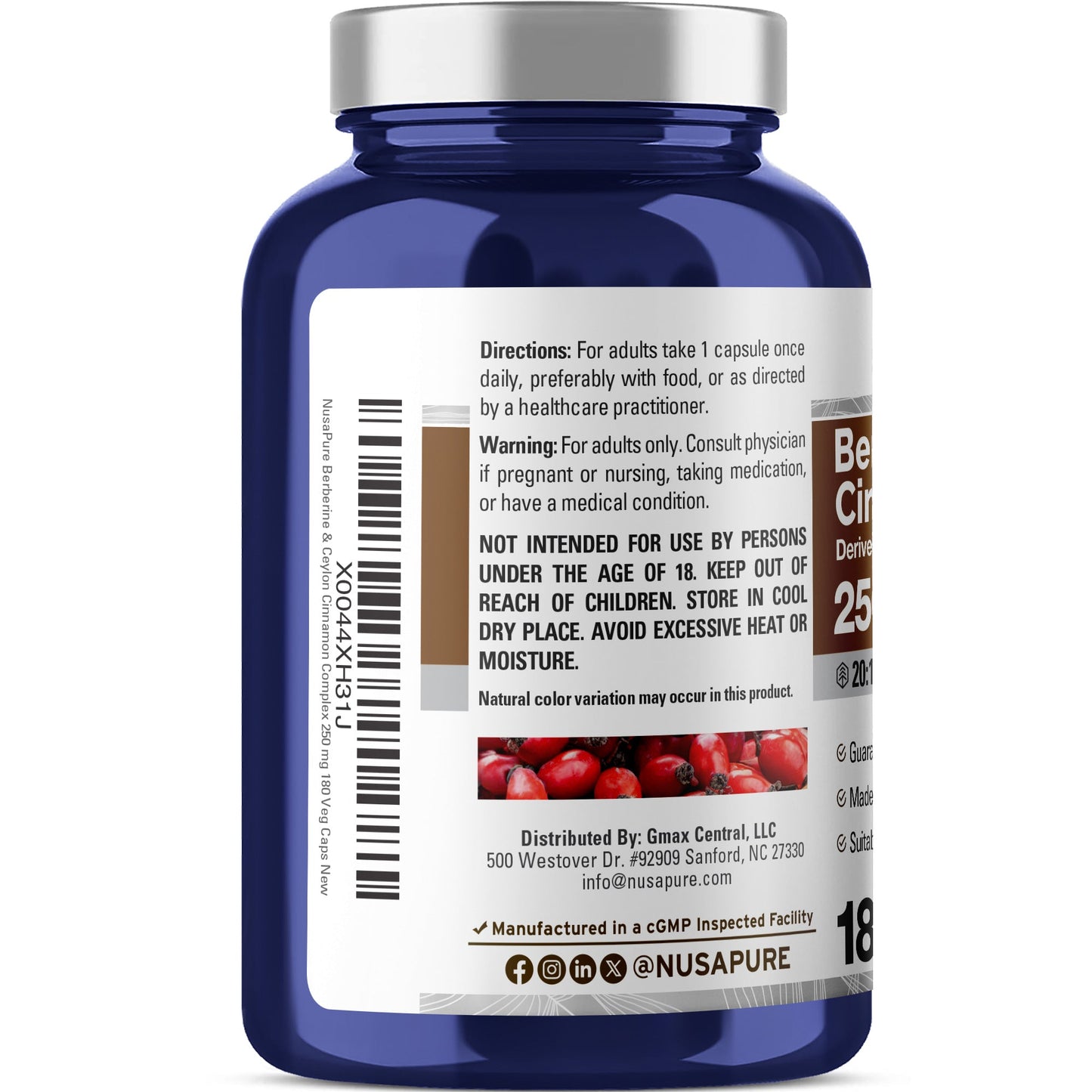 NusaPure Berberine with Ceylon Cinnamon 20:1 Extract, 250 mg 180 Veggie Capsules, Vegetarian, Non-GMO Supplement, (Berberine Complex) NusaPure