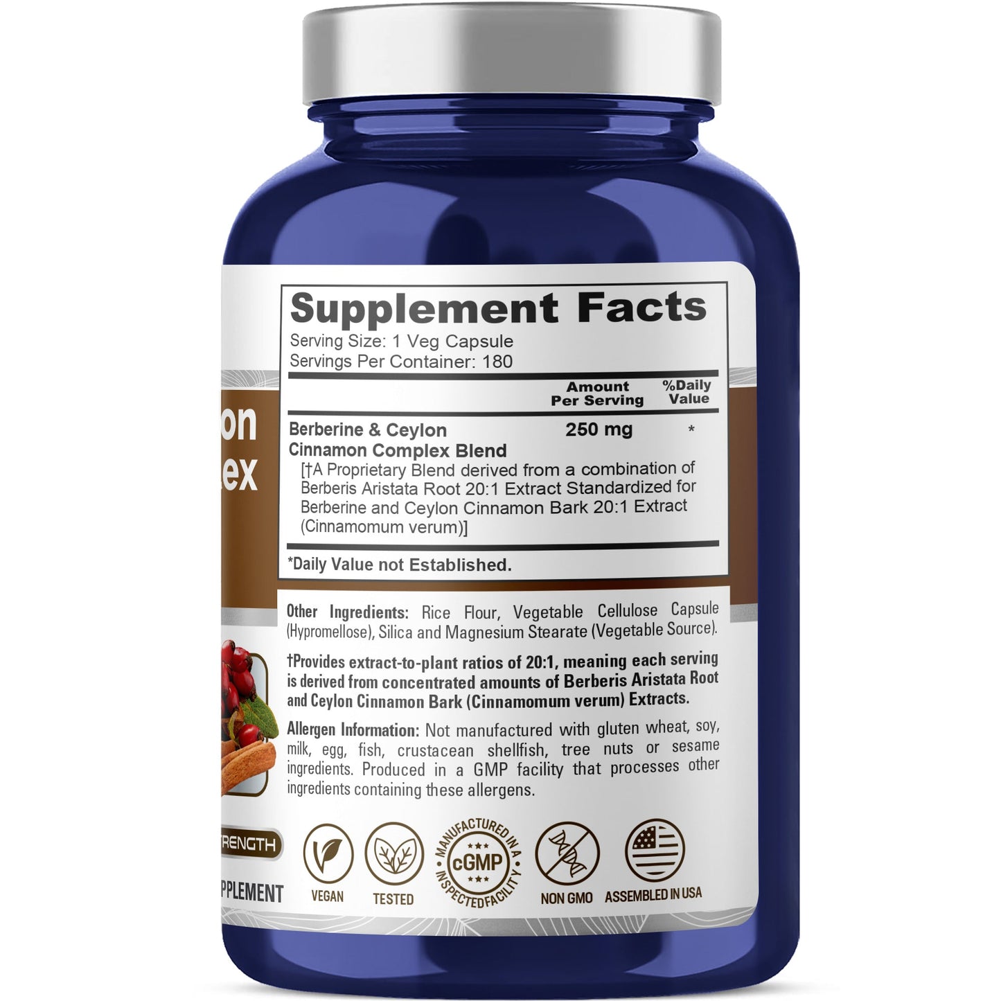 NusaPure Berberine with Ceylon Cinnamon 20:1 Extract, 250 mg 180 Veggie Capsules, Vegetarian, Non-GMO Supplement, (Berberine Complex) NusaPure