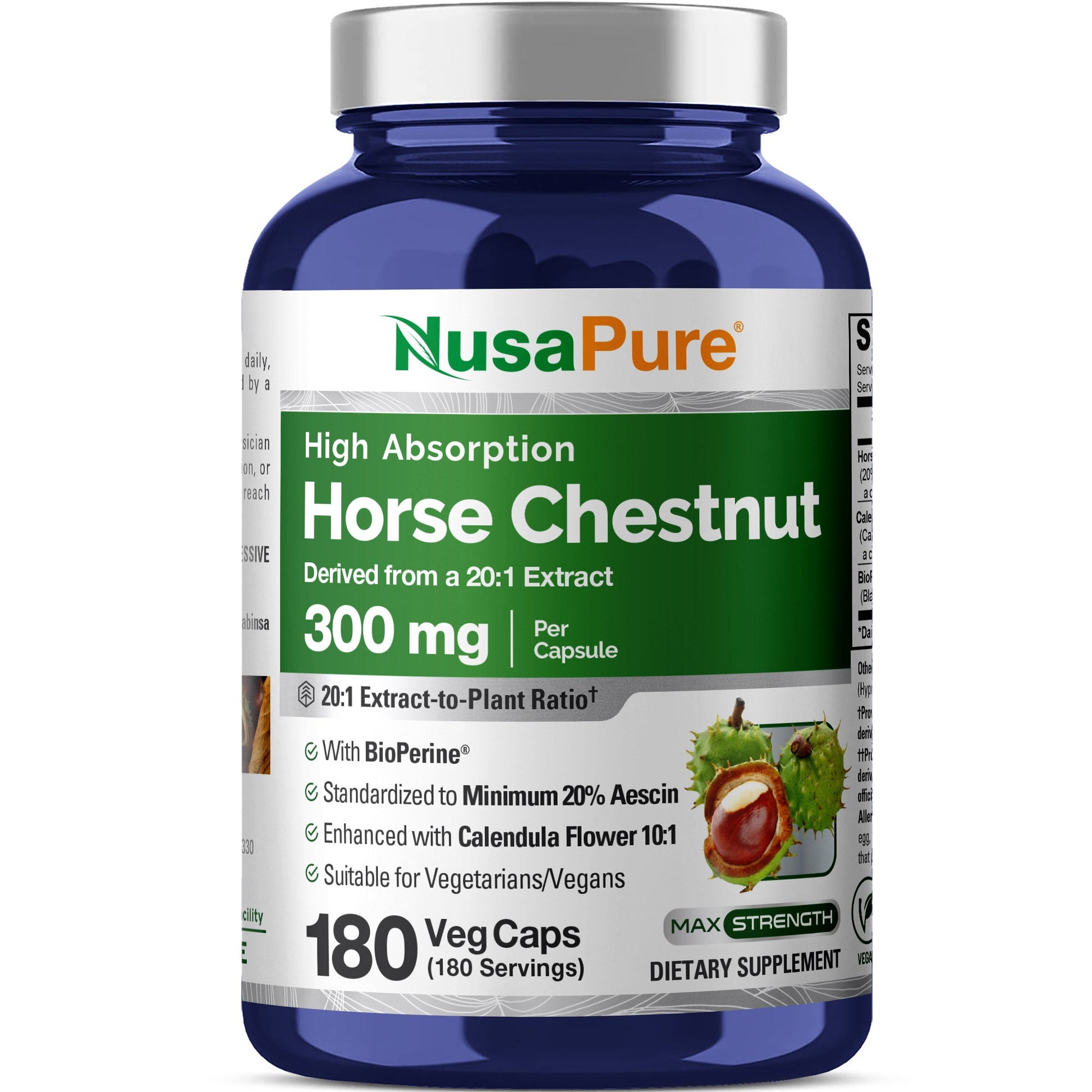 NusaPure Horse Chestnut 20:1 Extract, 300 mg 180 Veggie Caps Non-GMO, Vegan, BioPerine, Calendula Flower NusaPure