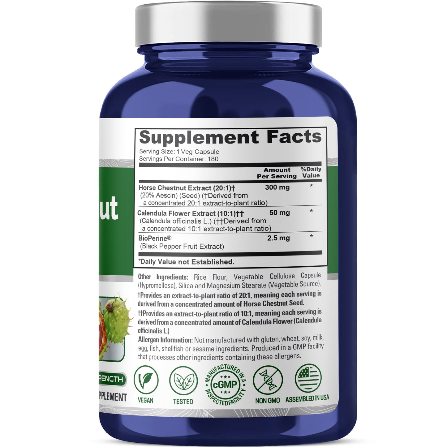 NusaPure Horse Chestnut 20:1 Extract, 300 mg 180 Veggie Caps Non-GMO, Vegan, BioPerine, Calendula Flower NusaPure
