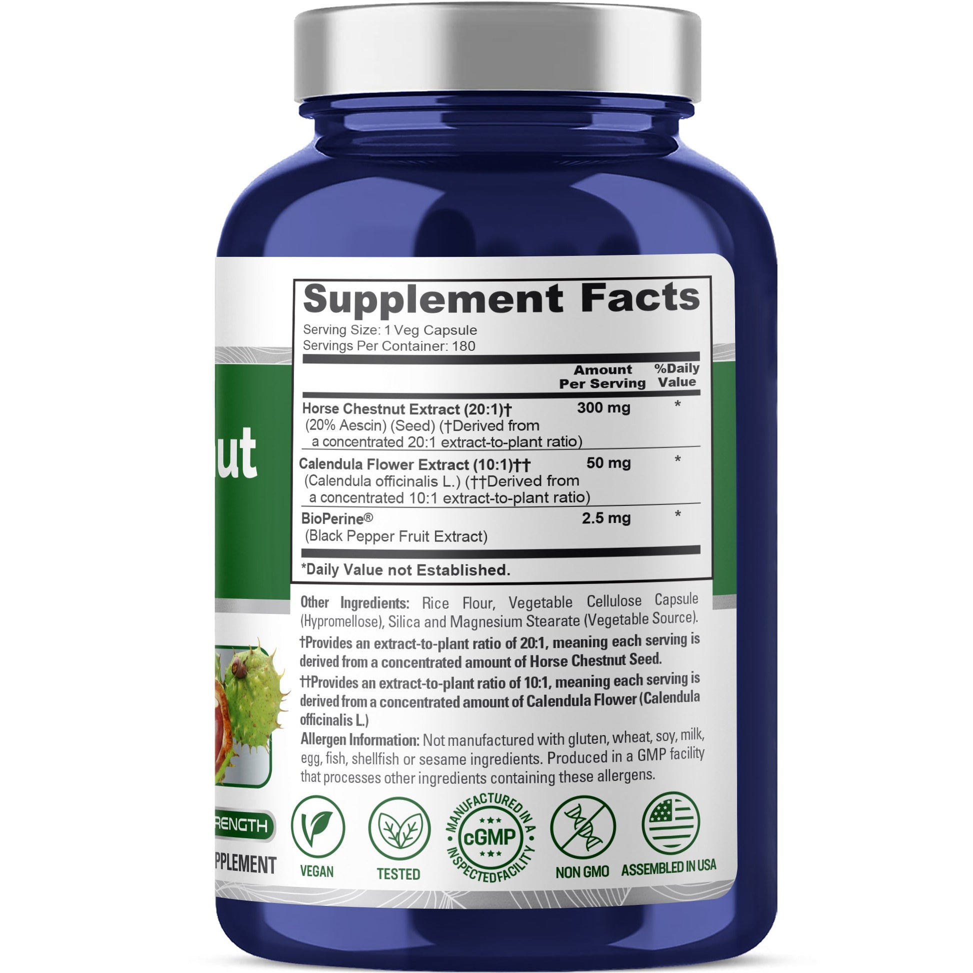 NusaPure Horse Chestnut 20:1 Extract, 300 mg 180 Veggie Caps Non-GMO, Vegan, BioPerine, Calendula Flower NusaPure