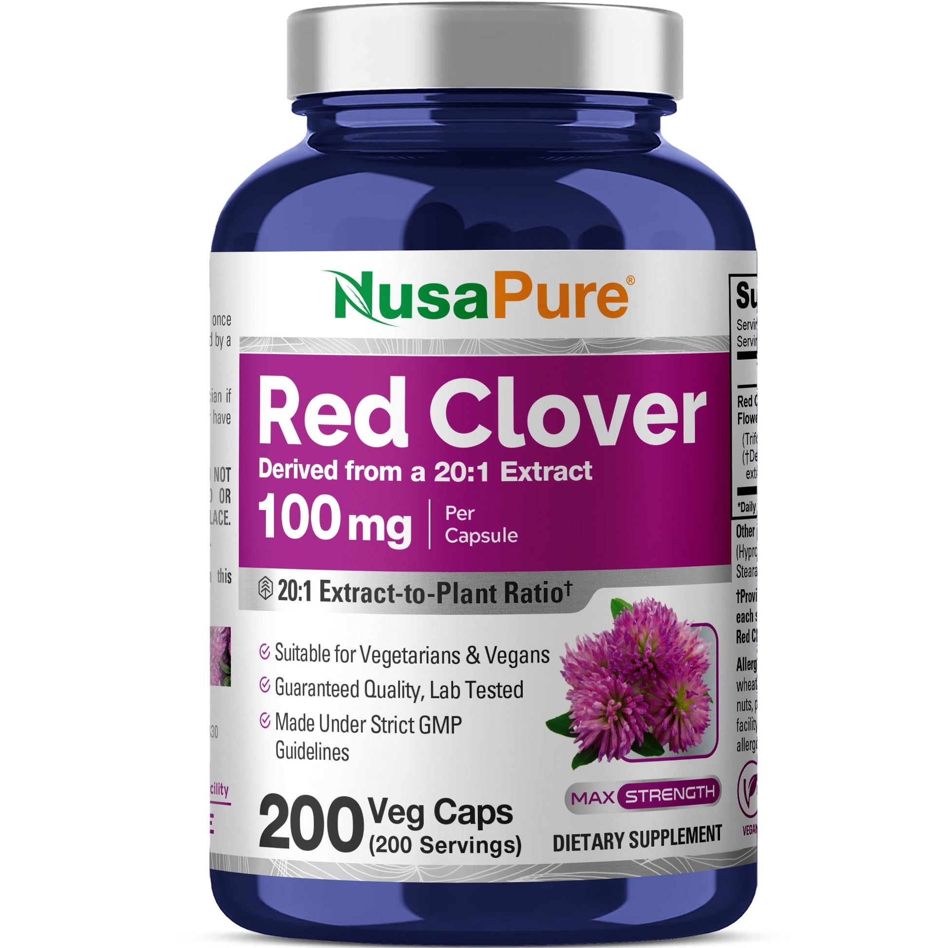 NusaPure Red Clover Blossoms 20:1 Extract, 100 mg 200 Veg Capsules Trifolium Pratente L. Suitable for Vegetarians/Vegan Non GMO Dietary Supplement NusaPure
