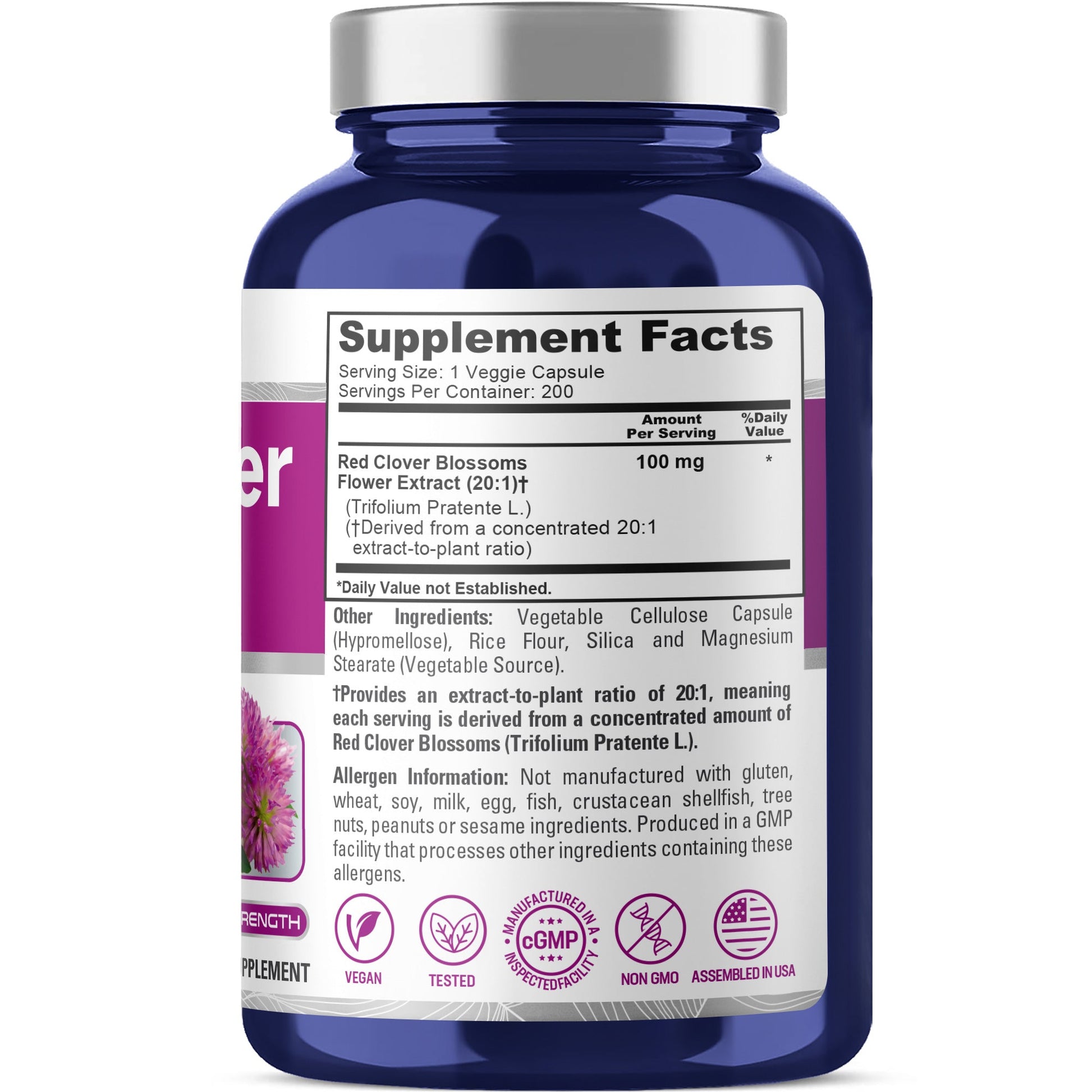 NusaPure Red Clover Blossoms 20:1 Extract, 100 mg 200 Veg Capsules Trifolium Pratente L. Suitable for Vegetarians/Vegan Non GMO Dietary Supplement NusaPure