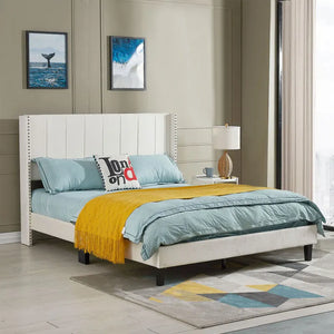 Queen Size Tufted Upholstered Bed Frame Low Profile Velvet Bed Frame Platform with Raised Wingback Headboard Wood Slat Support