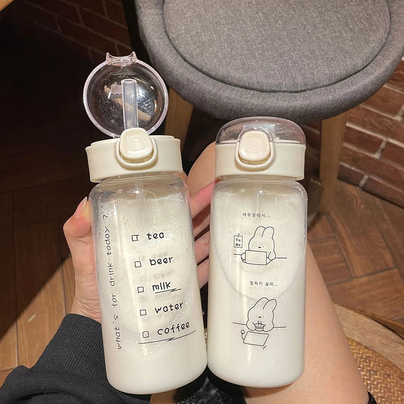 Cartoon Water Bottle With Straw Cute Plastic Drinking Bottle Portable Leak-proof Drinkware For Drinking Milk Coffee Tea