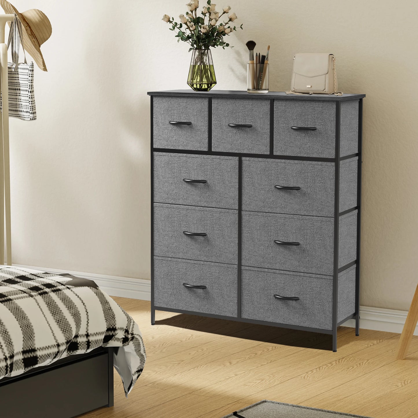 JHK Dresser For Bedroom With 9 Fabric Storage Drawer Wardrobe Tall Chest Organizer Closet Adult Kids Clothes Cabinet Furniture annizon.com