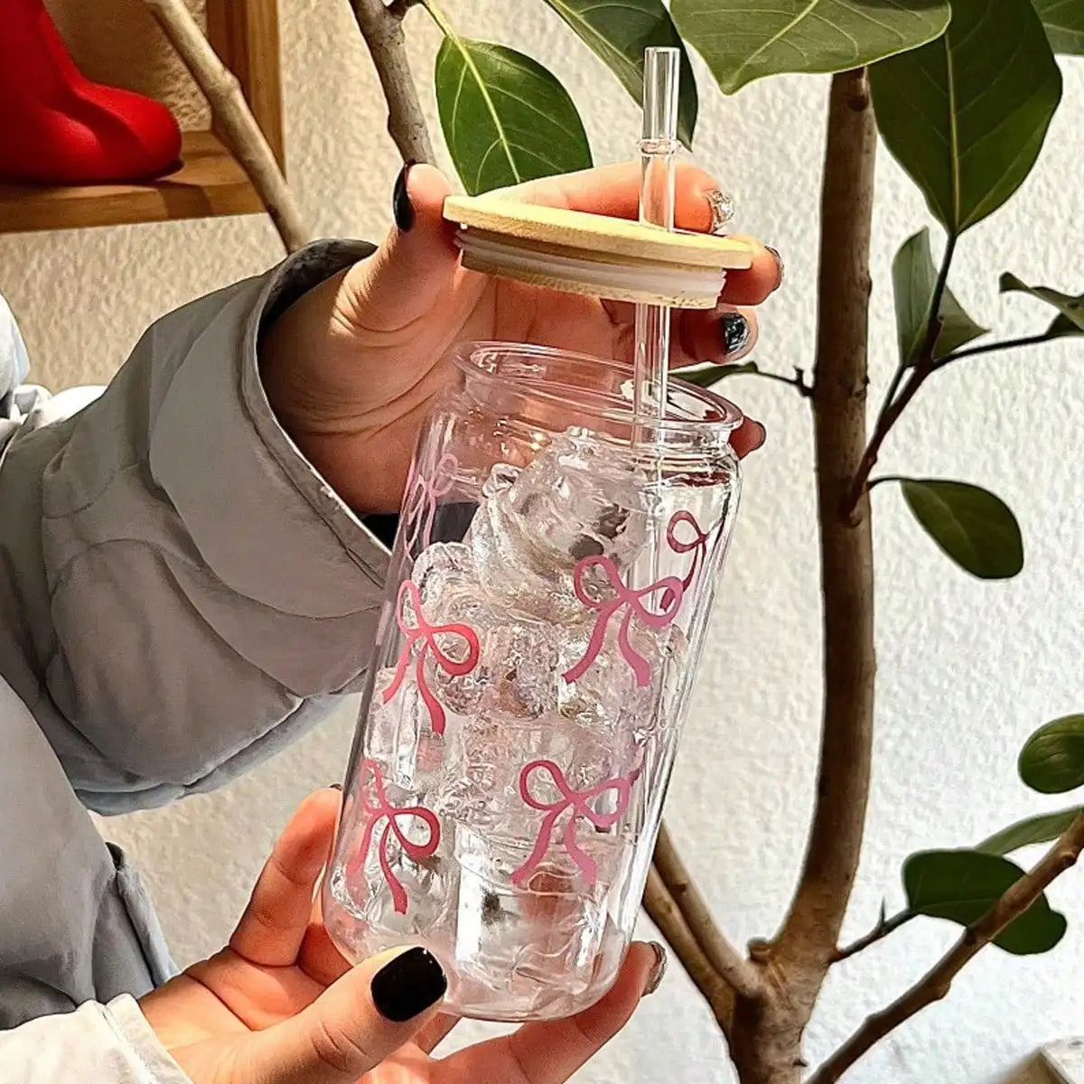 Bow Tie Print Water Bottle - Transparent Plastic With Lid