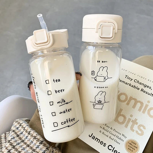 Cartoon Water Bottle With Straw Cute Plastic Drinking Bottle Portable Leak-proof Drinkware For Drinking Milk Coffee Tea