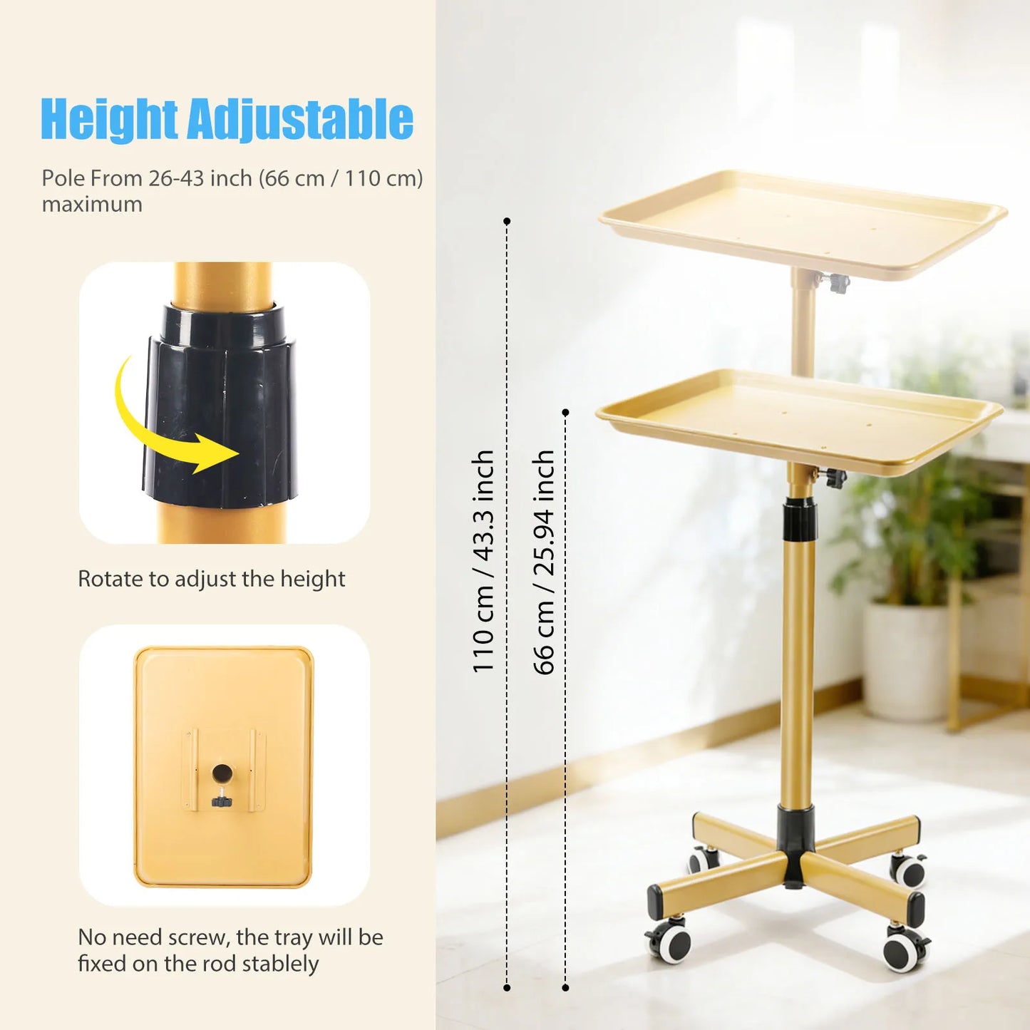 Heavy-Duty Adjustable Height Salon Cart with Large Aluminum Tray Mobile Service Trolley for Home Tattoo SPA annizon.com