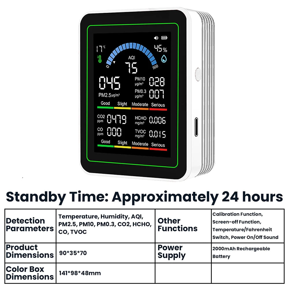 10-in-1 CO2 Air Quality Detector PM0.3 PM1.0 PM2.5 PM10 HCHO TVOC Tester Temperature and Humidity Meter Carbon Dioxide Monitor