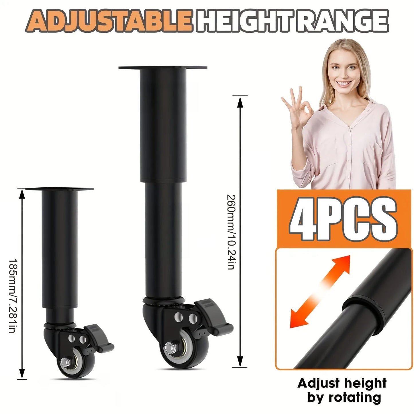 4pcs Metal Extendable Furniture Legs with Casters,  Table Legs,with Heavy-Duty Replacement for Cabinets, Sofas, Desks, Dressers annizon.com
