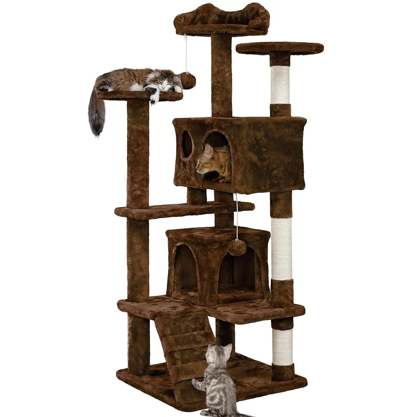 54in Multi-Level Cat Tree Kitten-ear Perch 2 Caves Scratch Posts Ladder 2 Balls Indoor Kittens Durable Pet Furniture , Custom annizon.com