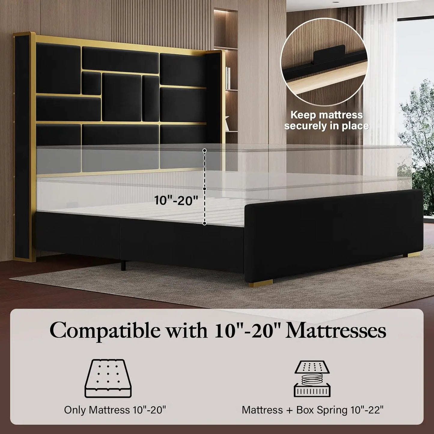 Bed Frame with 55.12" Tall Headboard, Modern Luxury Velvet Upholstered Platform Bed with Gold Trim, Wide Wingback, Custom annizon.com