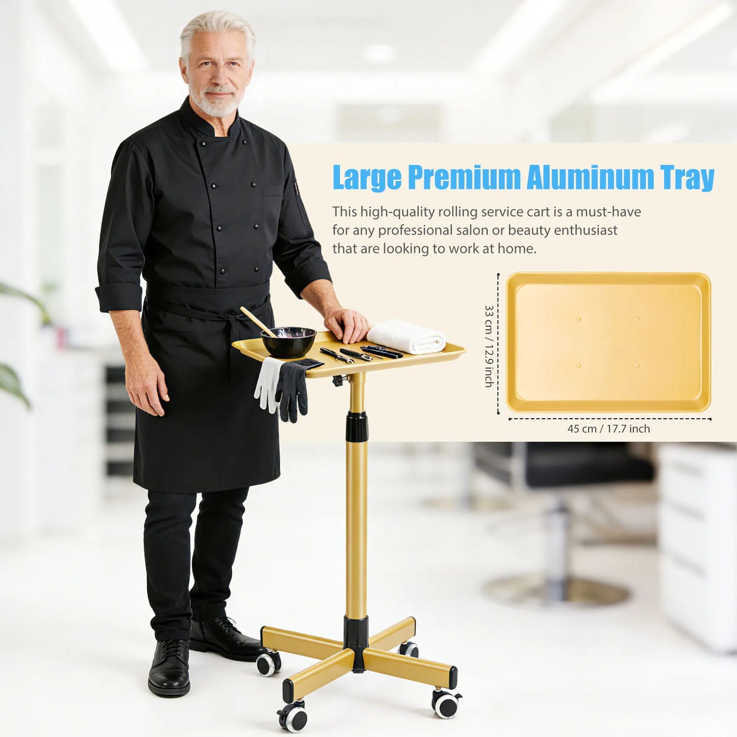 Heavy-Duty Adjustable Height Salon Cart with Large Aluminum Tray Mobile Service Trolley for Home Tattoo SPA annizon.com