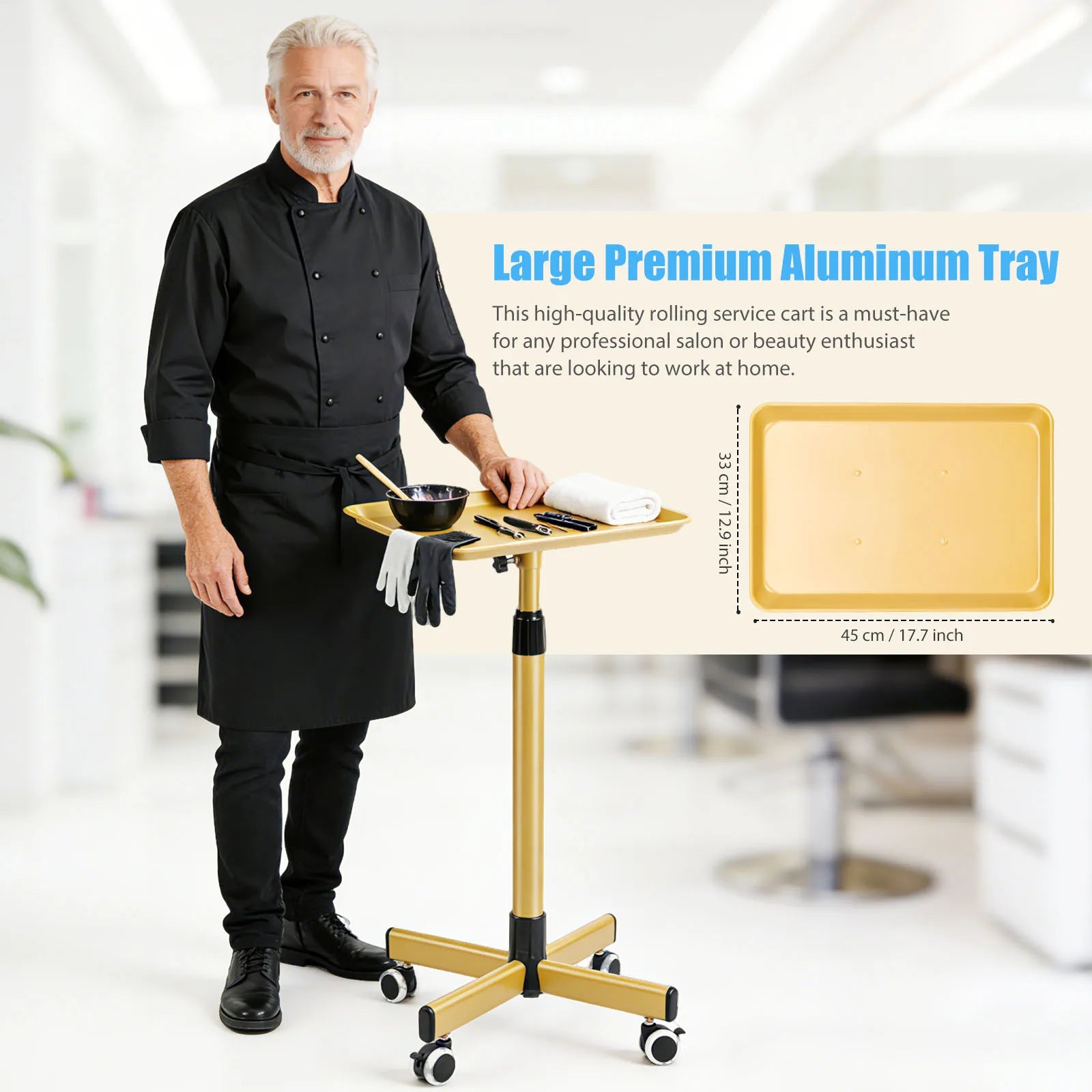 Heavy-Duty Adjustable Height Salon Cart with Large Aluminum Tray Mobile Service Trolley for Home Tattoo SPA annizon.com