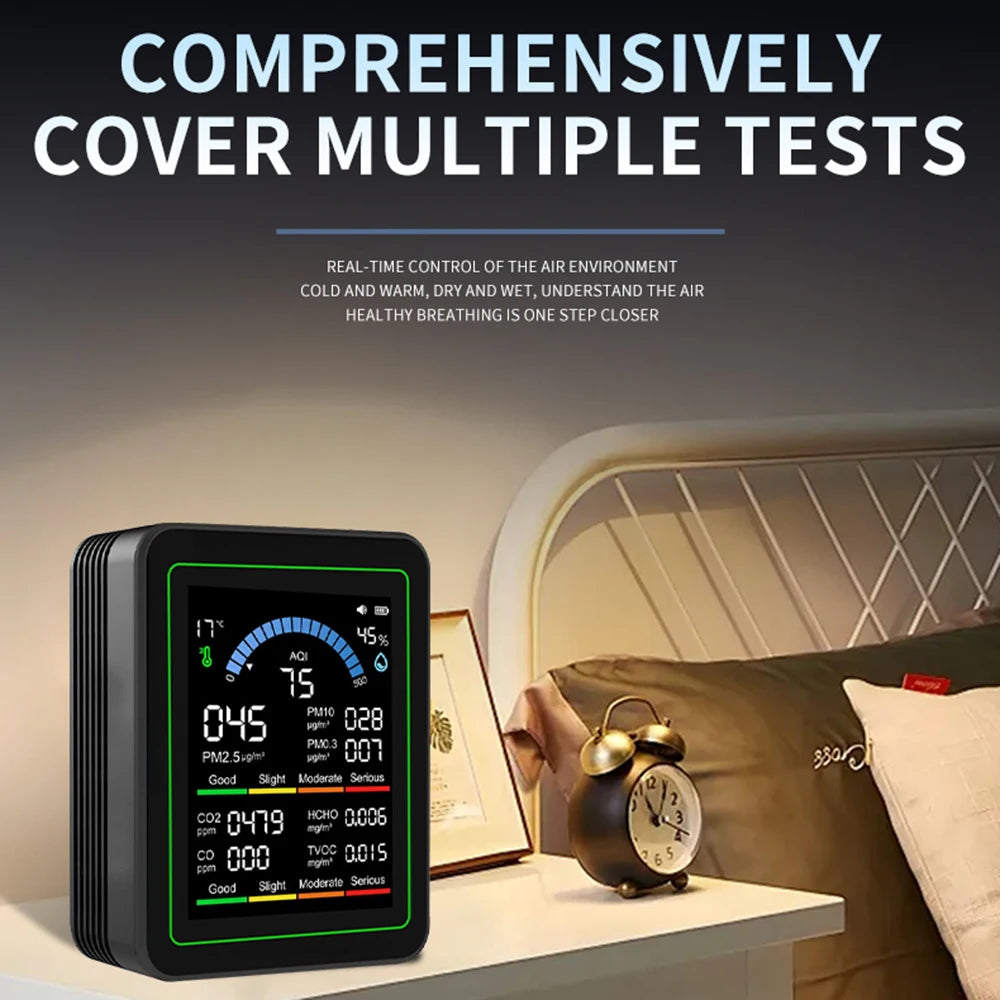 10-in-1 CO2 Air Quality Detector PM0.3 PM1.0 PM2.5 PM10 HCHO TVOC Tester Temperature and Humidity Meter Carbon Dioxide Monitor
