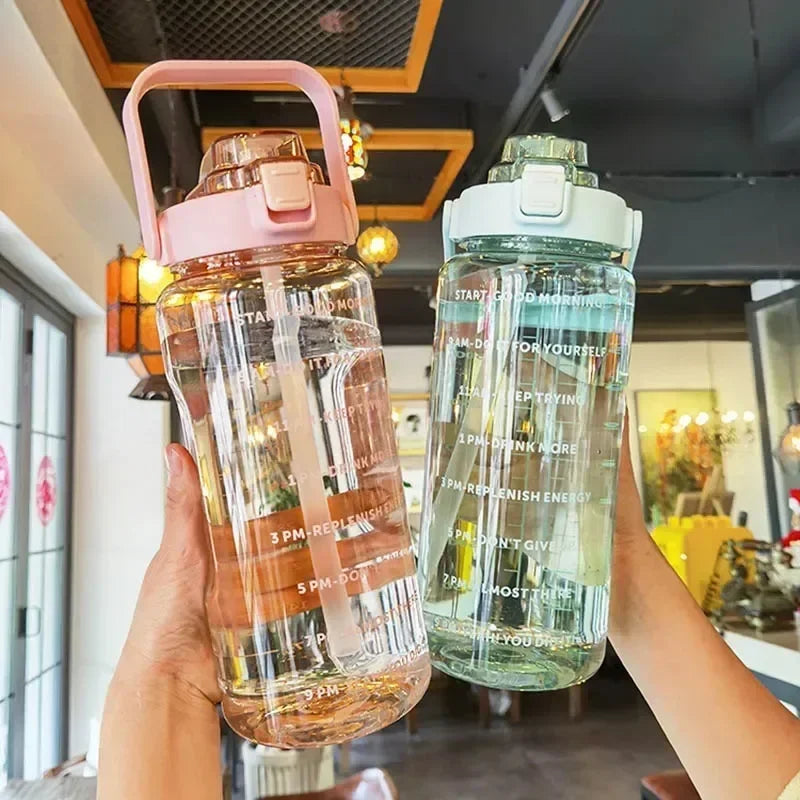 2L Straw Water Bottle Large Capacity Plastic Water Cup Portable Drink Bottle With Time Marker For Outdoor Sports