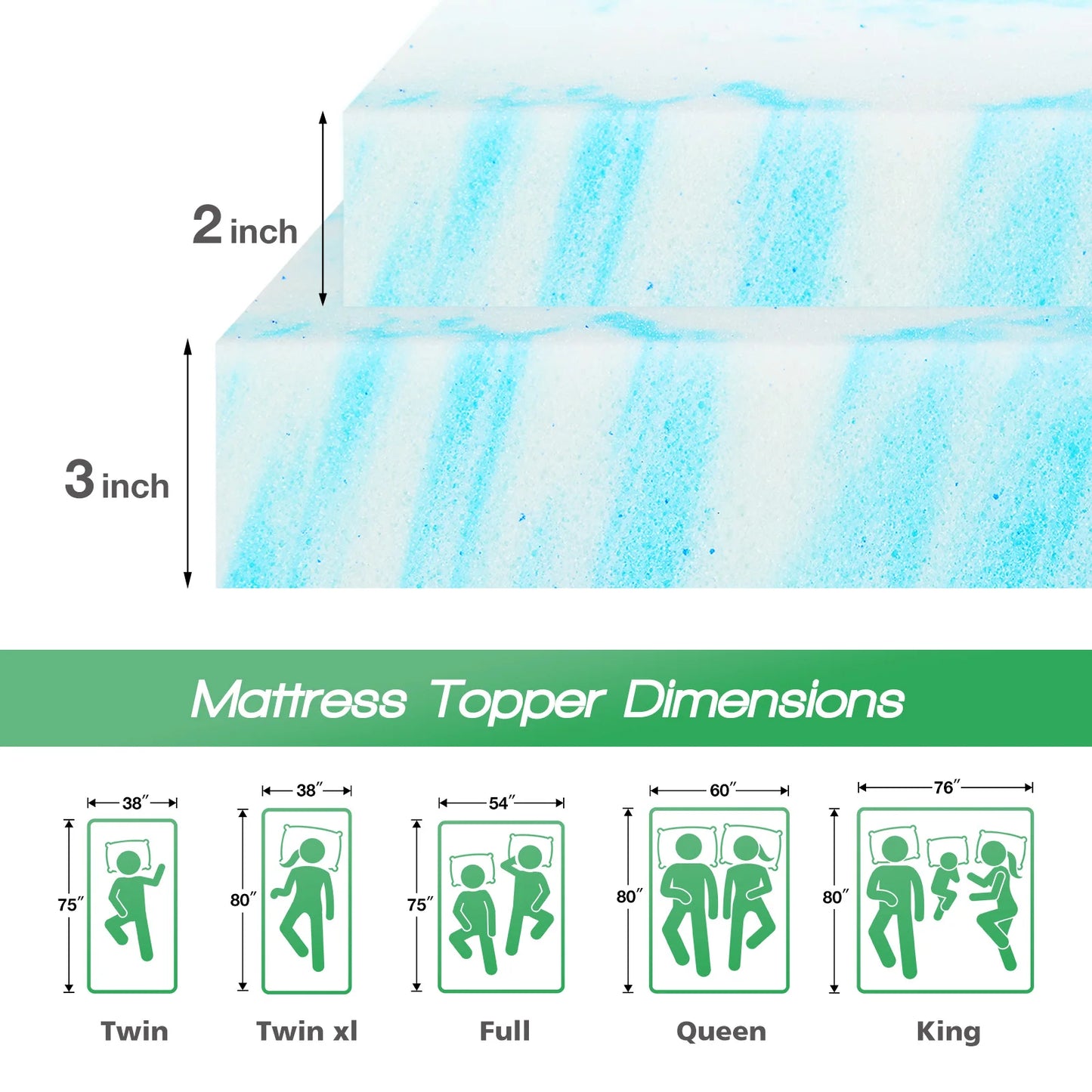 JHK 2-3 Inch Gel Memory Foam Mattress Topper Full Size Cooling Mattress Soft and Breathable Bed Topper School Bedroom Furniture annizon.com