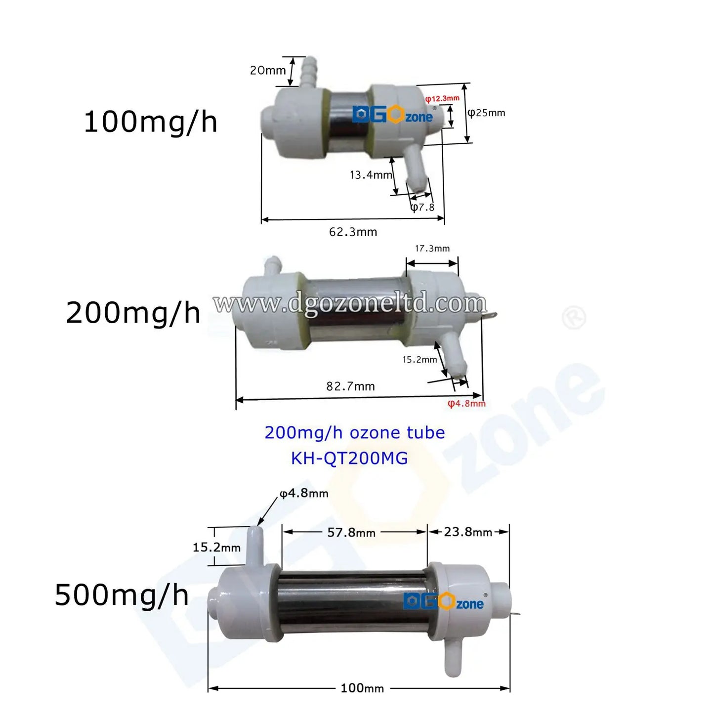 Ozone quartz Tube 100mg 200mg 500mg/h for Air and Water Purifying glass Tube Reator Ozonator without power supply DGOzone
