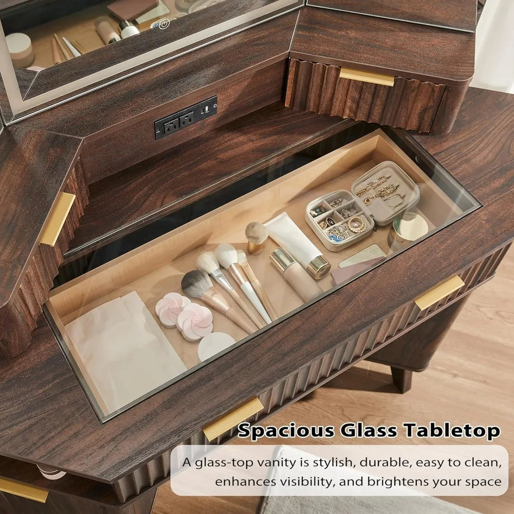 Fluted Makeup Vanity Desk with 3 Way Mirror and Lights, 48" Large Corner Vanity Table with Glass Top, Charging, Customized annizon.com