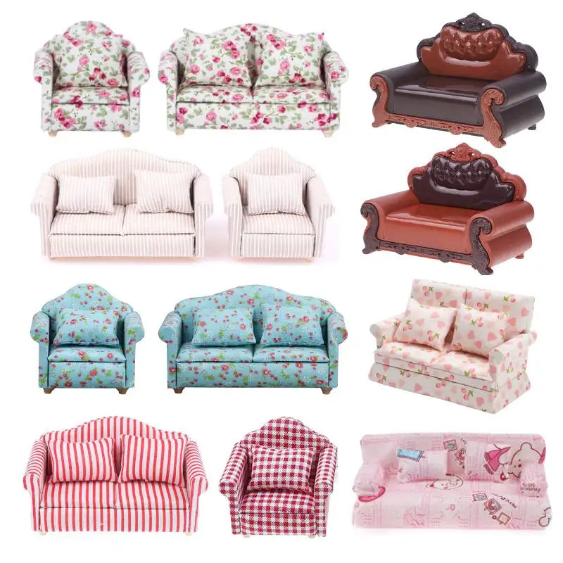 Mini Dollhouse Furniture Sofa with Pillow Set Simulation 1:12 Miniature Living Room Kids Pretend Play DIY Doll House Decor annizon.com