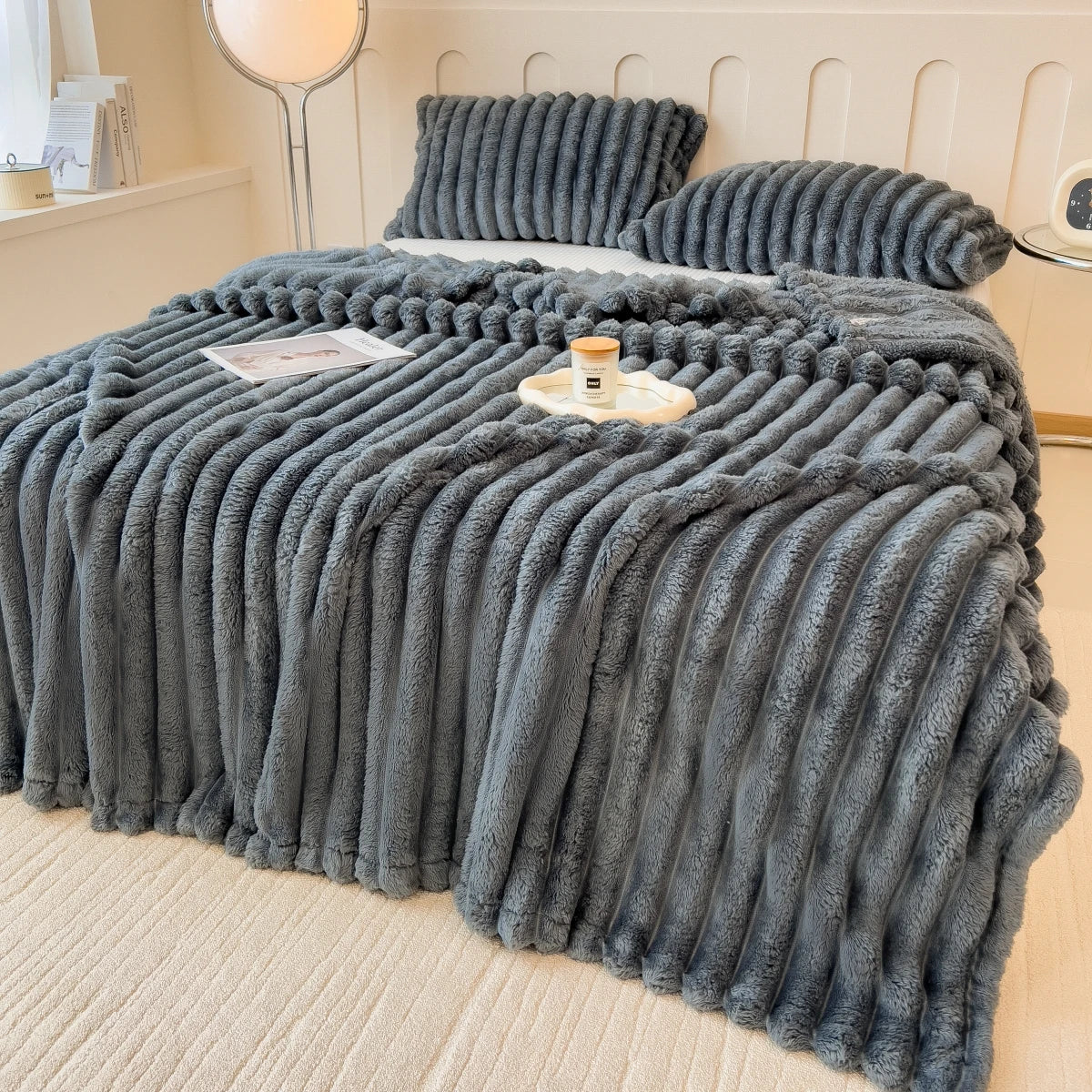 Solid color thickened wide striped multifunctional blanket, can be used as bed sheet cover blanket, nap blanket, pet blanket annizon.com
