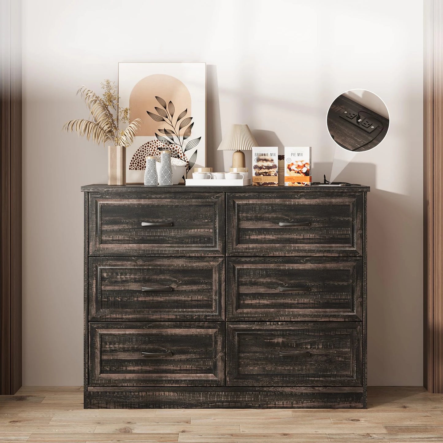 Vabches 6 Drawer Dresser for Bedroom Wood Chest of Drawers with Power Strip Tall Dresser Organizer with Metal Handle for Hallway annizon.com