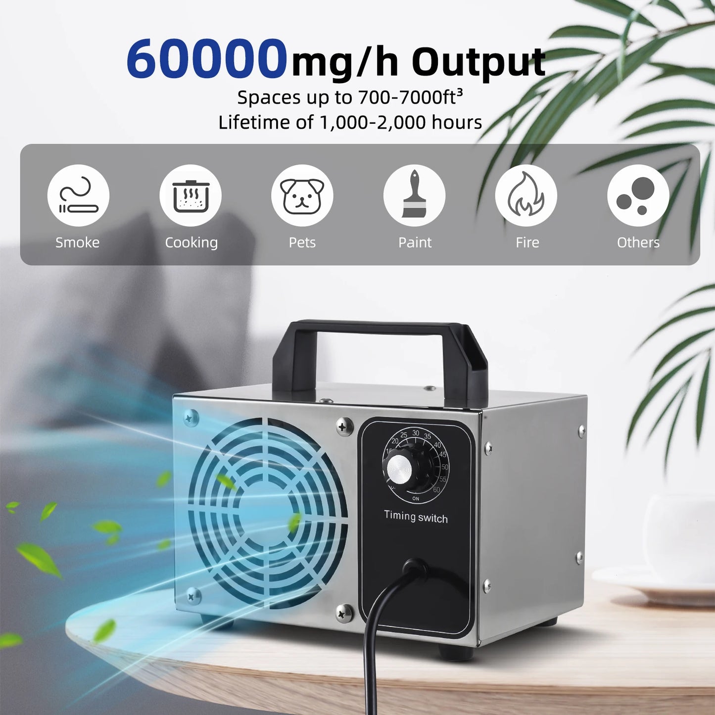 Ozone Machine Odor Removal Ionizer Air Purifier Ozone for Home Car Pet with Portable Handle 0-60min Timer