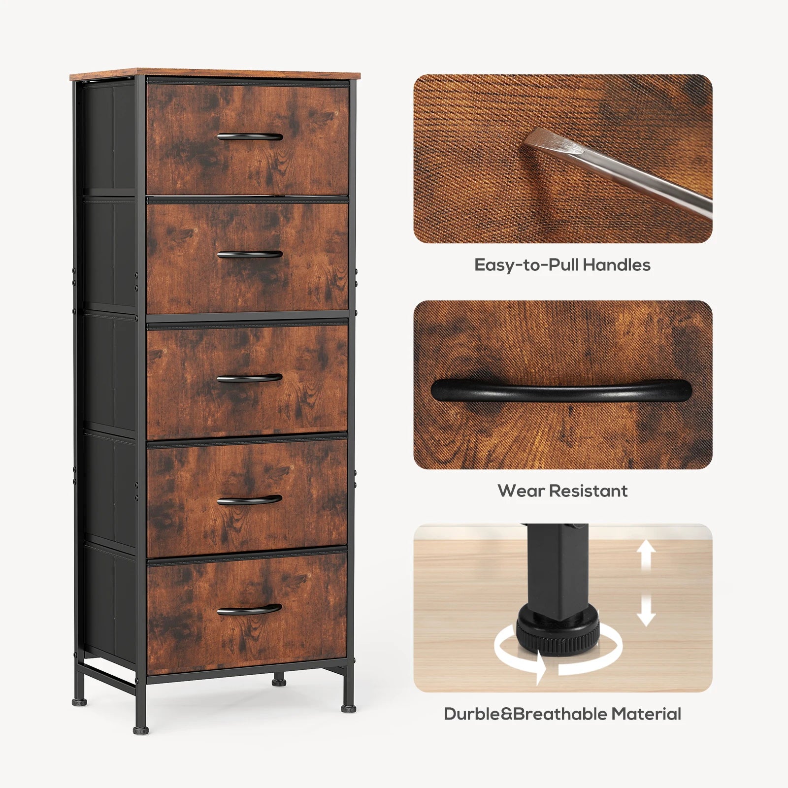JHK 48IN Dresser For Bedroom With 5 Fabric Drawers Nightstand Wardrobe Steel Frame Closet For Clothes Storage Cabinet Furniture annizon.com