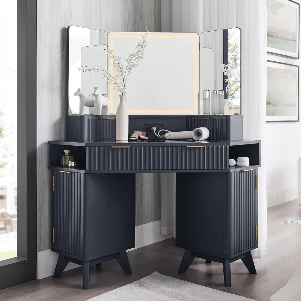 Fluted Makeup Vanity Desk with 3 Way Mirror and Lights, 48" Large Corner Vanity Table with Glass Top, Charging, Customized annizon.com