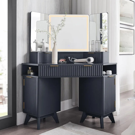 Fluted Makeup Vanity Desk with 3 Way Mirror and Lights, 48" Large Corner Vanity Table with Glass Top, Charging, Customized annizon.com