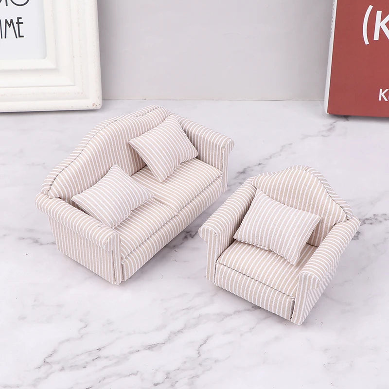 1:12 Dollhouse Miniature Striped Furniture Sofa With Pillow Sofa Model Furniture Scene Toy Doll House Decor Dollhouse Accessorie annizon.com
