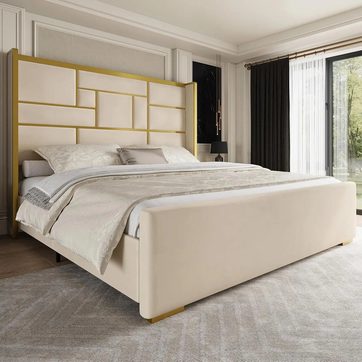 Bed Frame with 55.12" Tall Headboard, Modern Luxury Velvet Upholstered Platform Bed with Gold Trim, Wide Wingback, Custom annizon.com