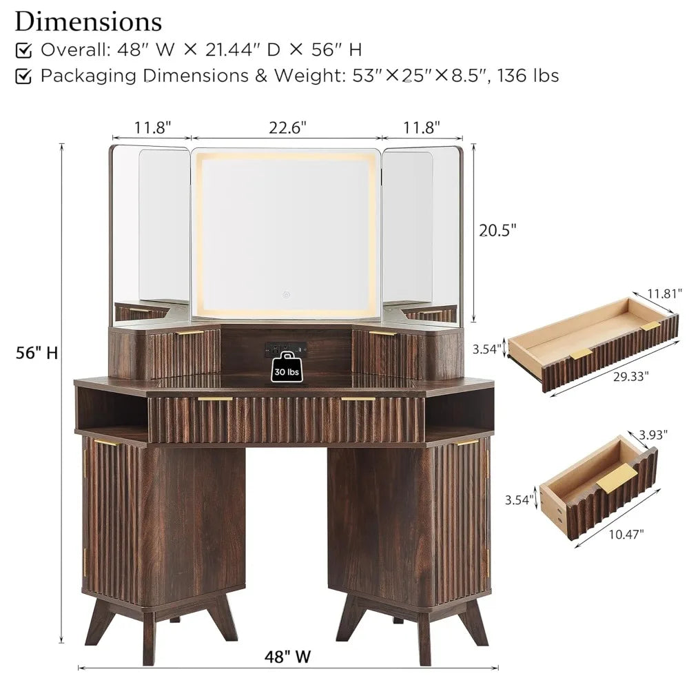 Fluted Makeup Vanity Desk with 3 Way Mirror and Lights, 48" Large Corner Vanity Table with Glass Top, Charging, Customized annizon.com