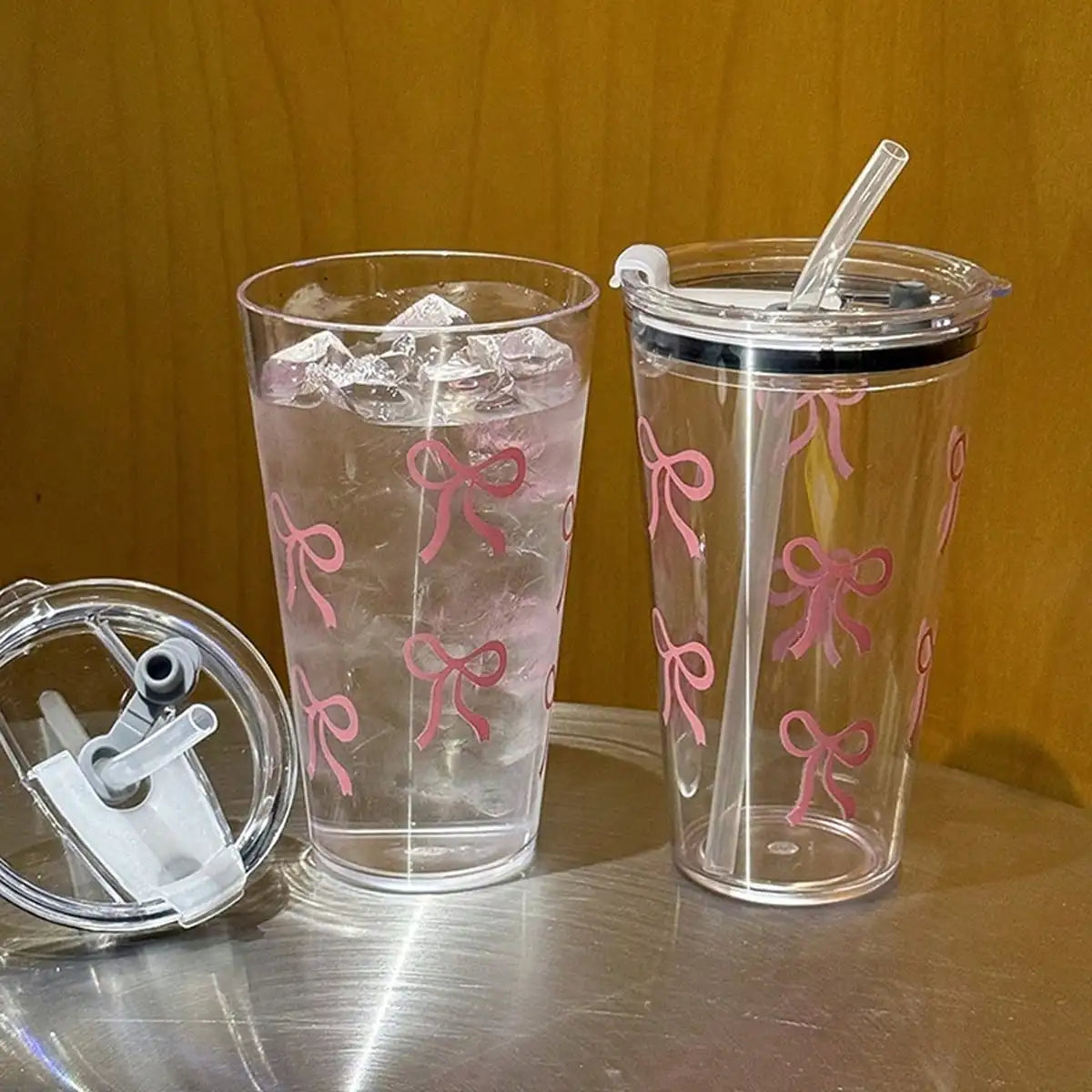 Bow Tie Print Water Bottle - Transparent Plastic With Lid