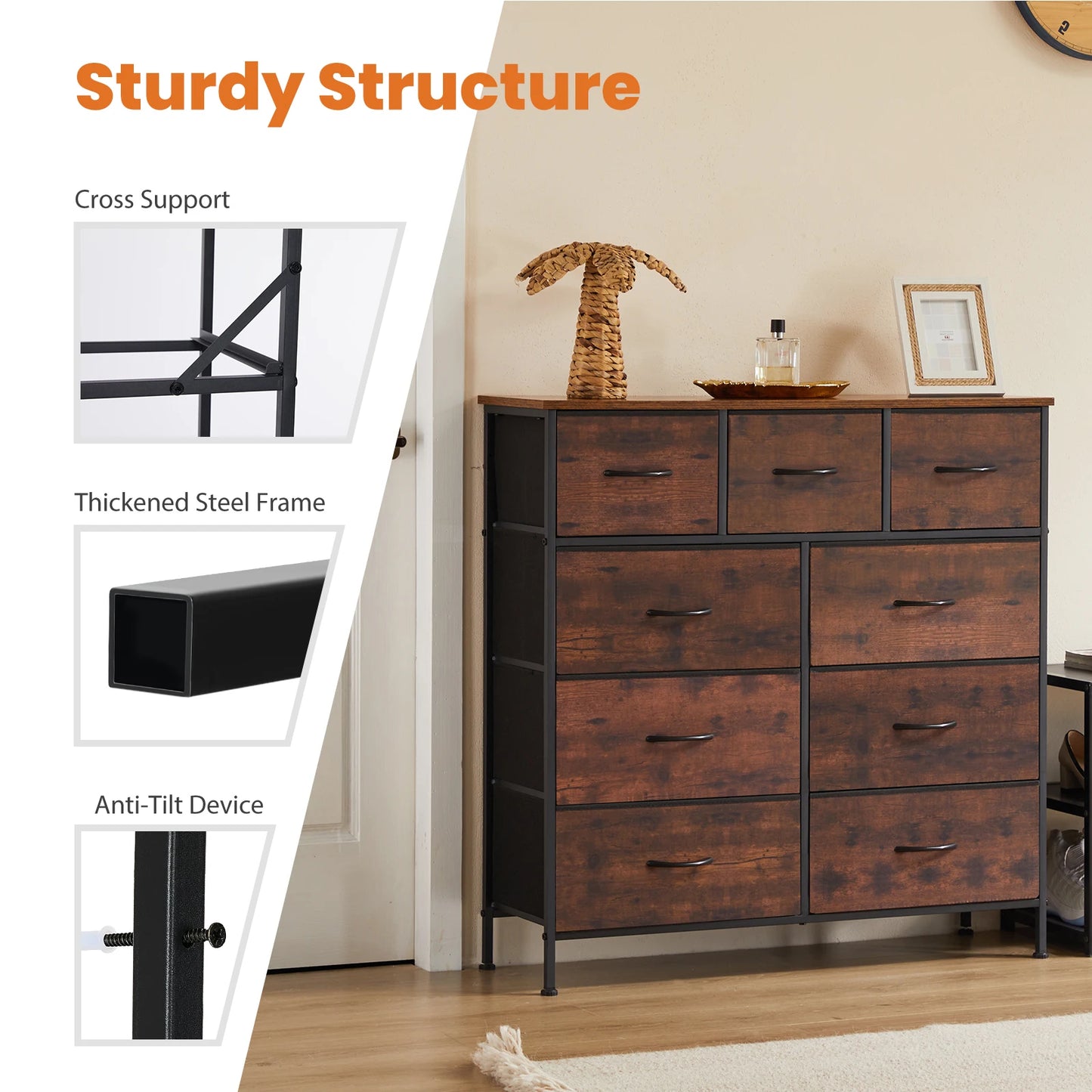 JHK Dresser For Bedroom With 9 Fabric Storage Drawer Wardrobe Tall Chest Organizer Closet Adult Kids Clothes Cabinet Furniture annizon.com