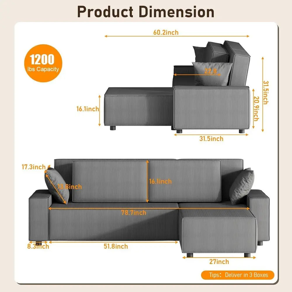 96 L-Shaped Sleeper Sofa with Chaise Lounge, Premium Corduroy Fabric, 1200 lbs Support, Ideal for Small Living Rooms annizon.com